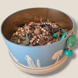 Blue Wedgwood-Style Decorative Jewelry Tin with Turquoise Beaded Necklace
